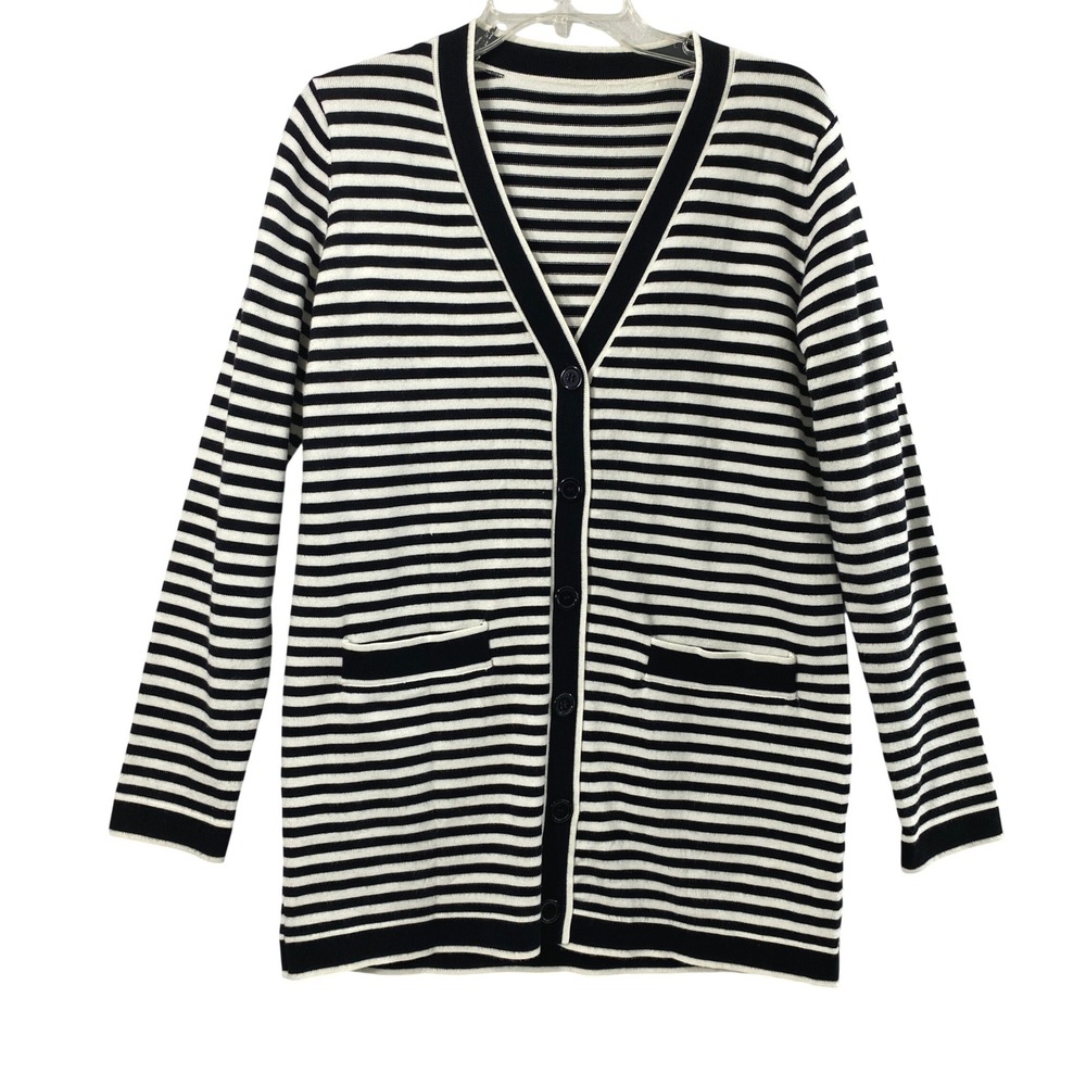 Womens Black White Striped Long Cardigan Size M Nautical Button Front Sweater